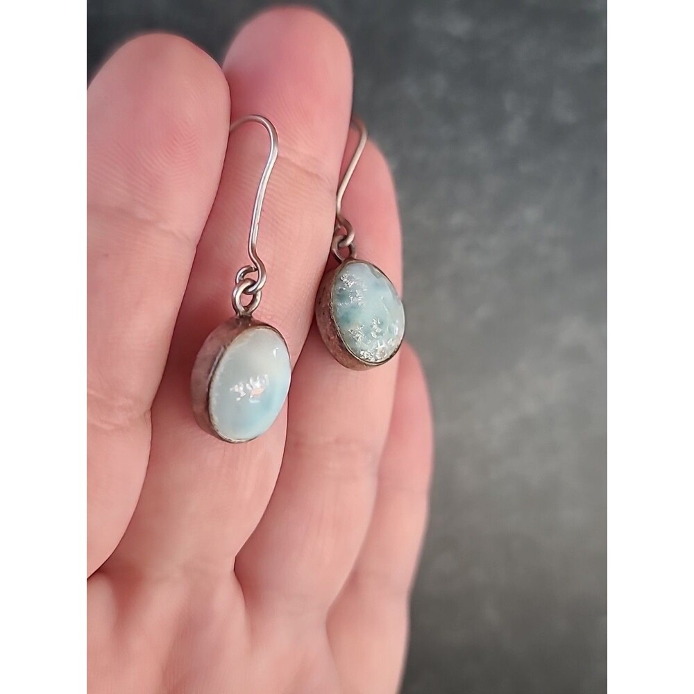 925 Sterling Silver Larimar Oval Dangling Pierced Earrings Vintage READ